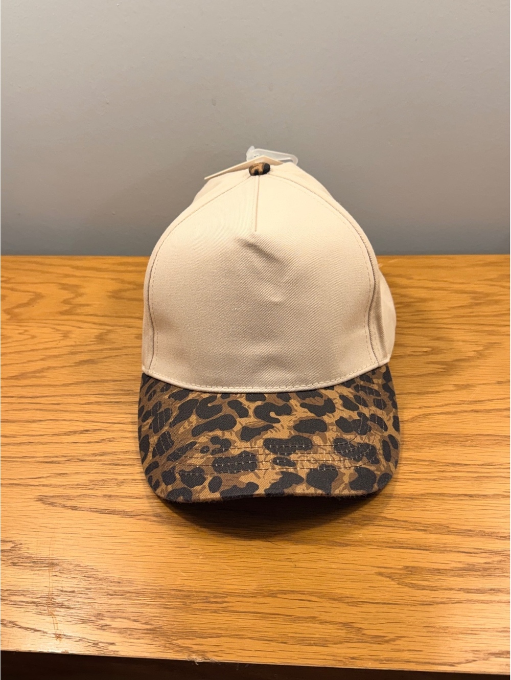 Beige Baseball Cap with Leopard Print Brim